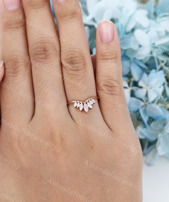 Curved wedding band rose gold Marquise cut Diamond wedding band Vintage Unique Moissanite Matching Stacking band Bridal Custom Promise band