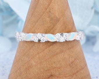 Marquise cut Opal wedding band Unique White gold wedding band Half eternity ring Art deco Diamond Stacking Ring Promise Anniversary gift