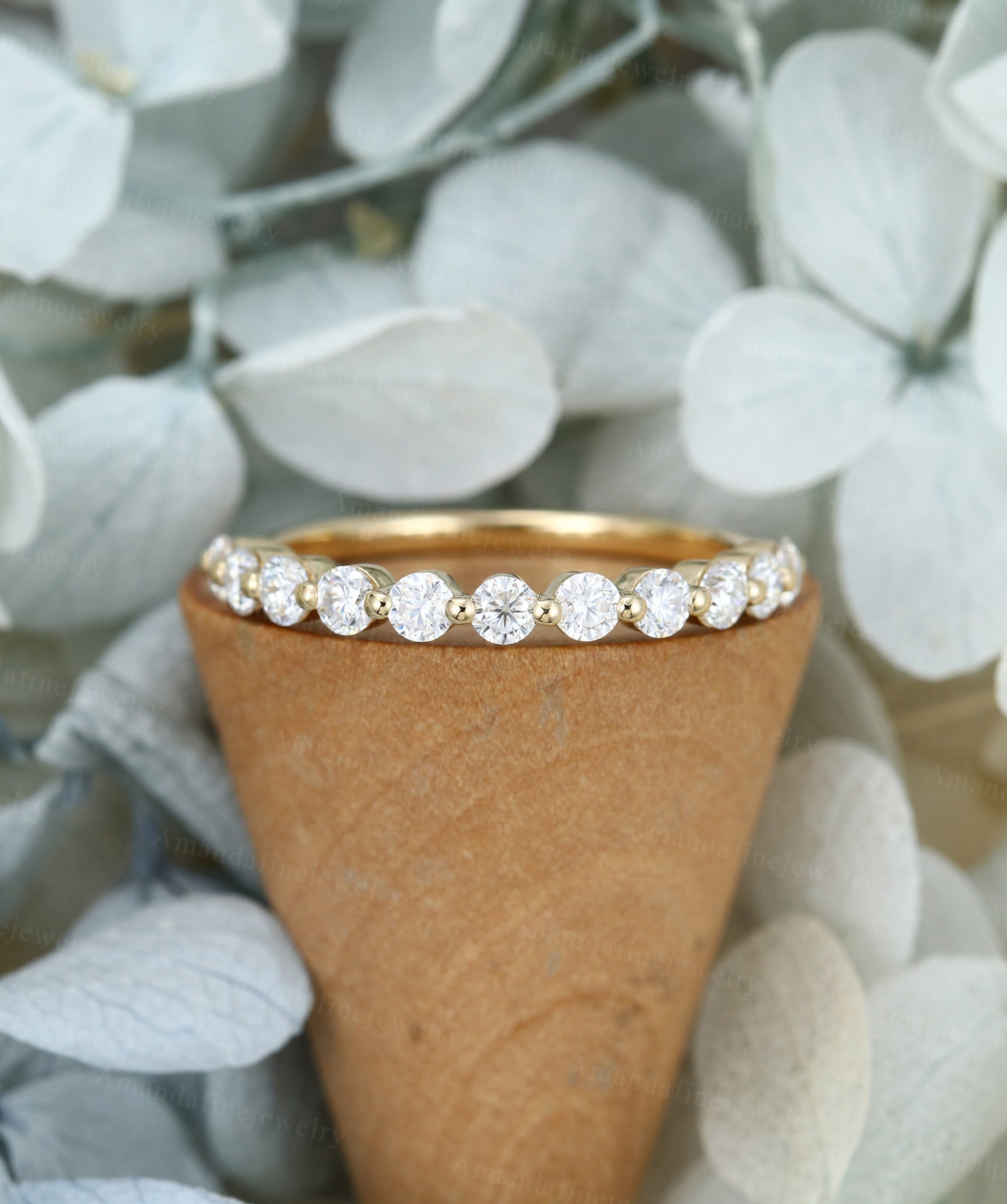 Round Cut Moissanite Wedding Band Yellow Gold Half Eternity Wedding ...