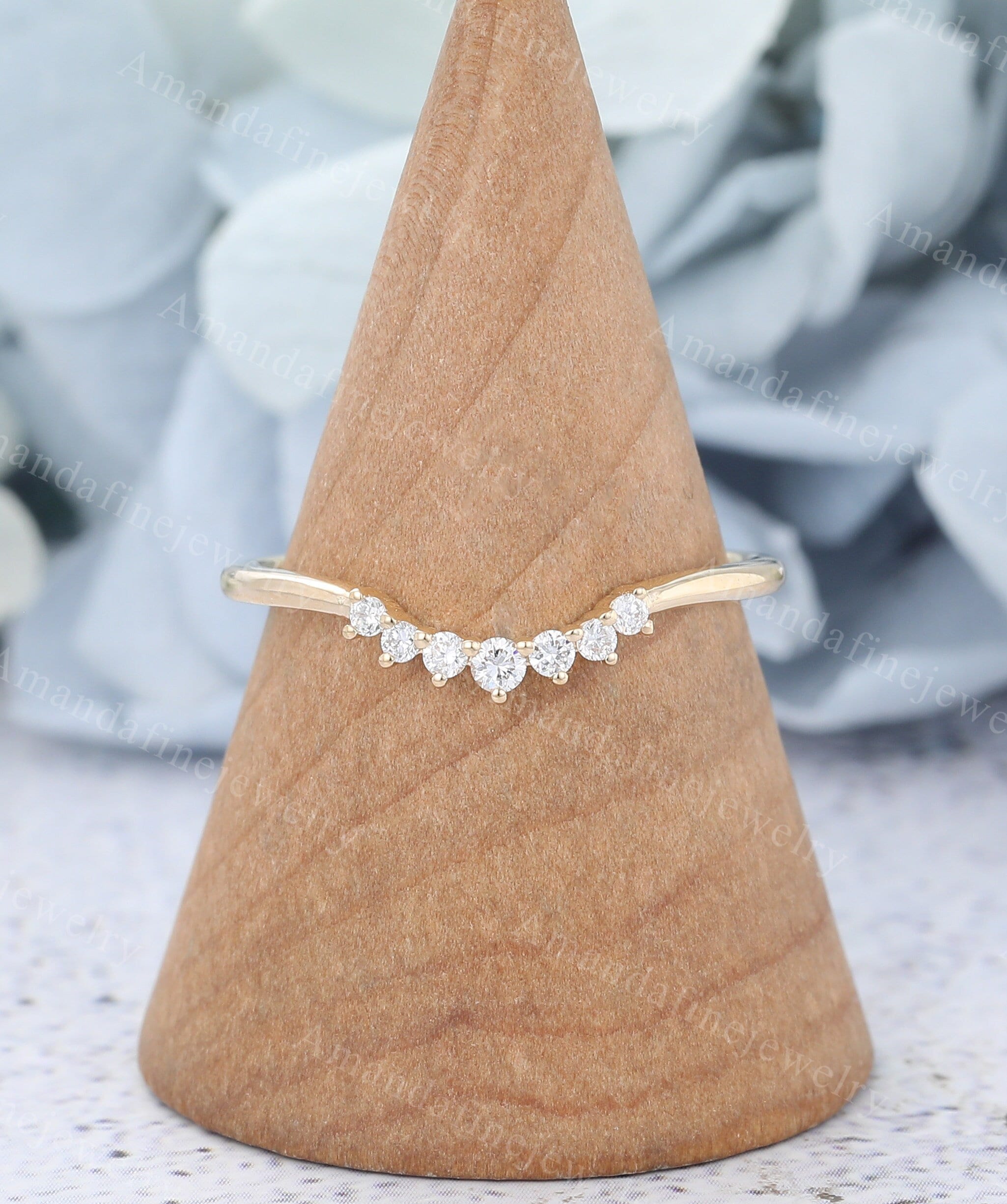 Moissanite Curved Wedding Band Vintage Yellow Gold Diamond Wedding Band ...