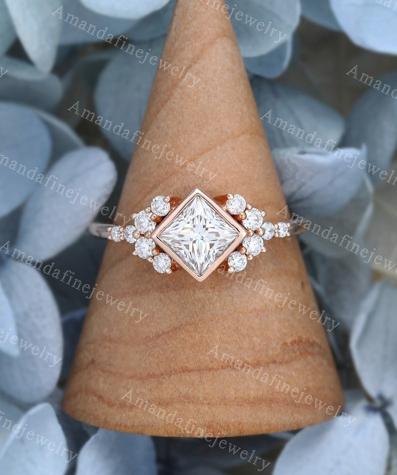Princess cut Moissanite engagement ring rose gold Unique Diamond Cluster engagement ring vintage Bridal Promise Anniversary delicate ring image 1