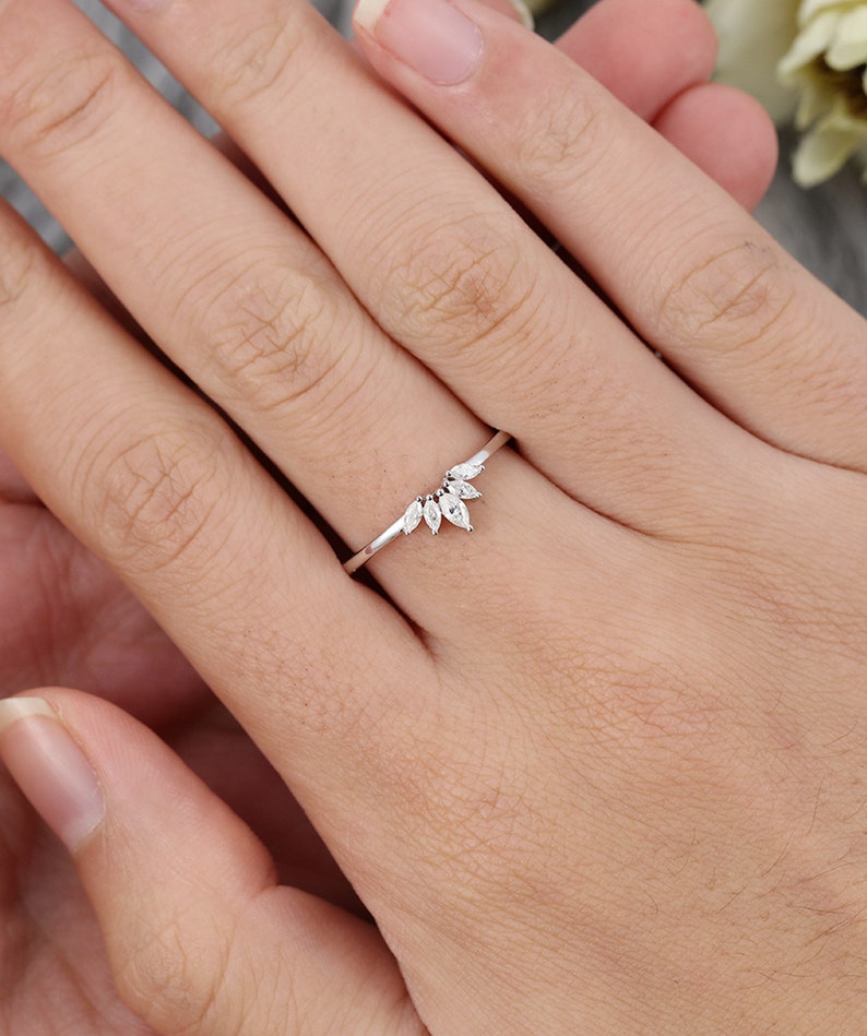 Curved wedding band white gold Marquise cut Diamond wedding band simple Vintage Unique Moissanite Matching Stacking Bridal Anniversary band