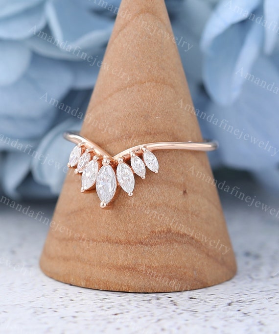 Curved wedding band rose gold Marquise cut Diamond wedding band Vintage Unique Moissanite Matching Stacking band Bridal Custom Promise band
