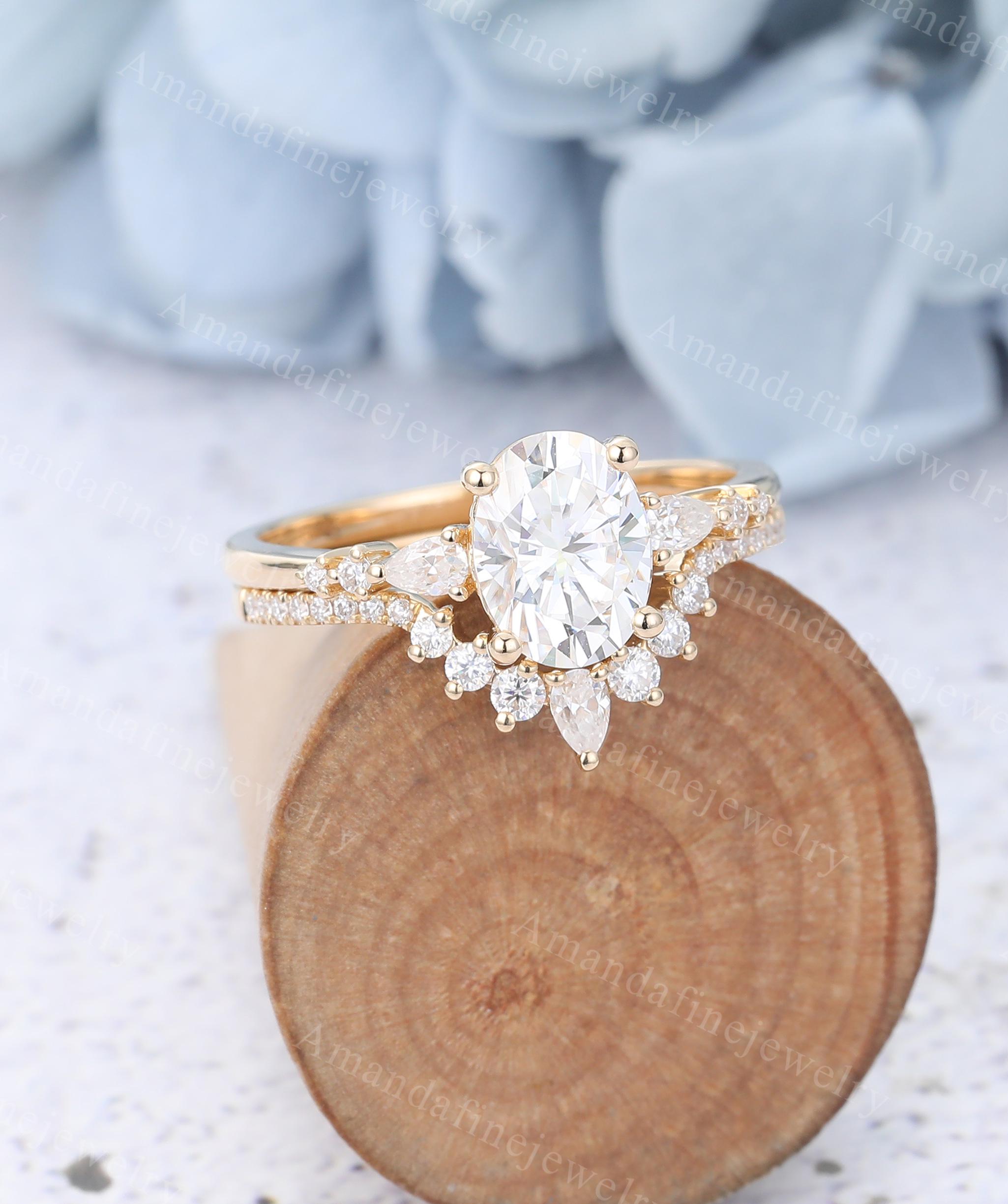 Oval Cut Moissanite Engagement Ring Set Vintage Yellow Gold Ring Set ...