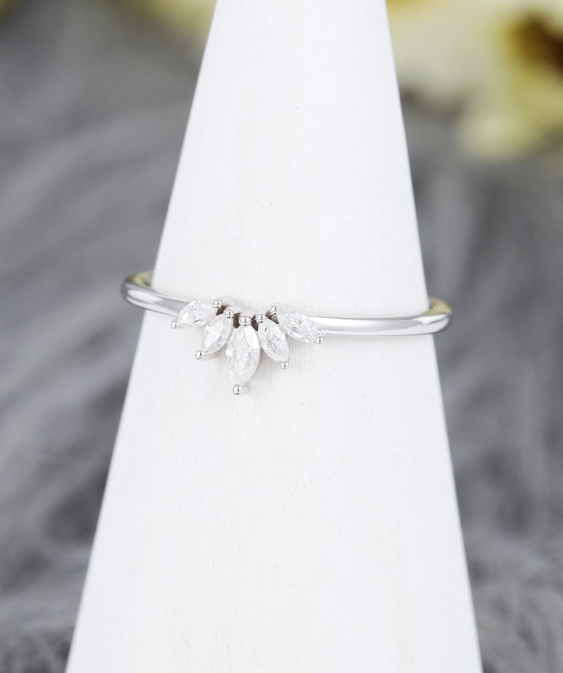 Curved wedding band white gold Marquise cut Diamond wedding band simple Vintage Unique Moissanite Matching Stacking Bridal Anniversary band