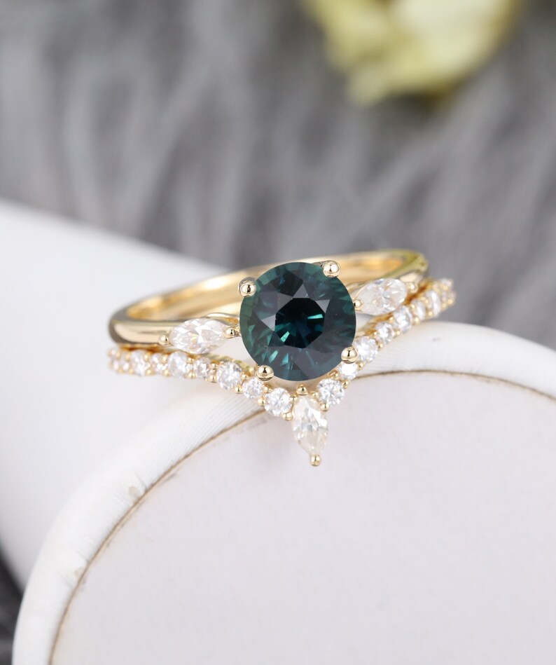 Teal Sapphire Engagement Ring Set Vintage Unique Yellow Gold Etsy