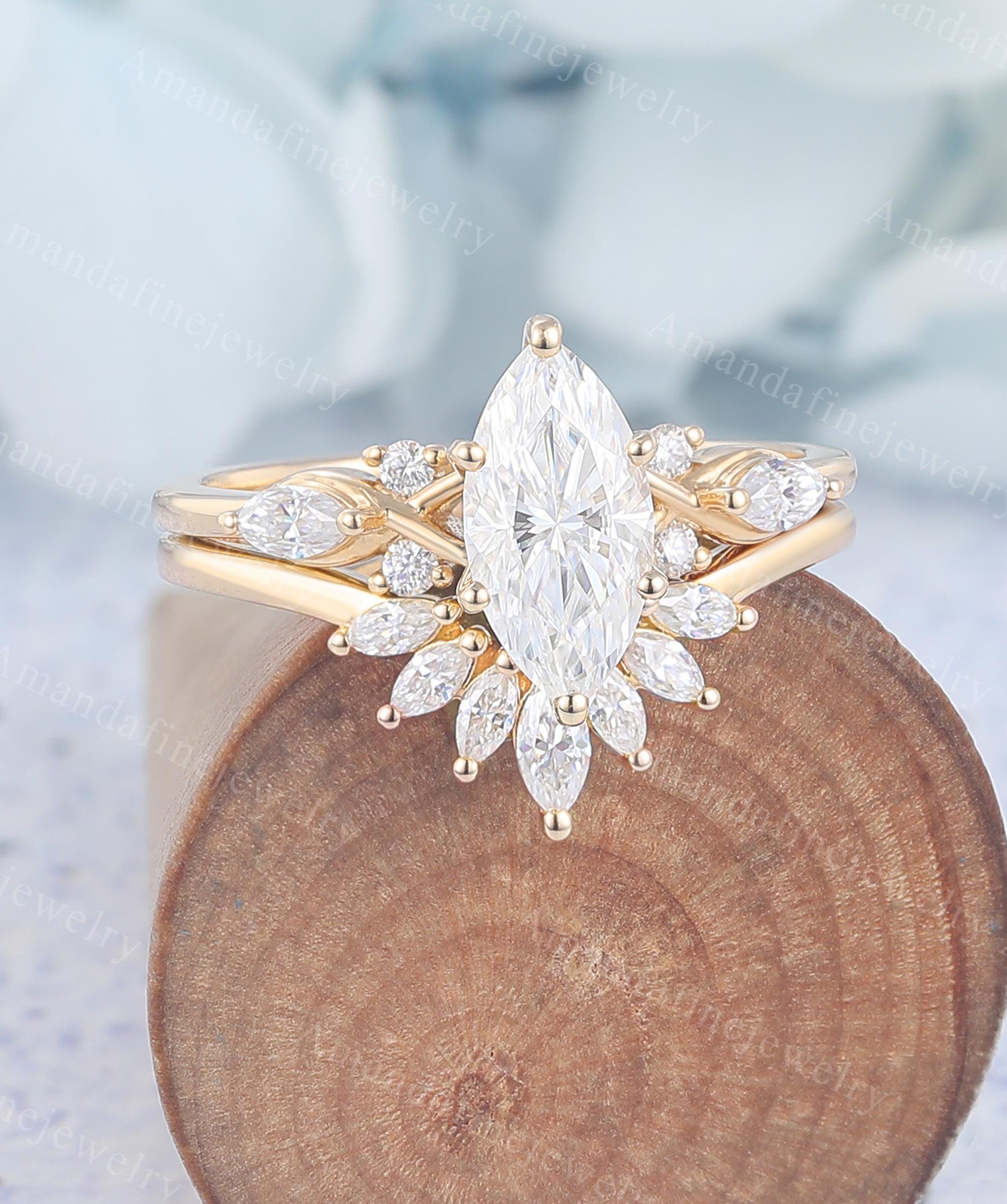 Marquise Cut Moissanite Engagement Ring Set Vintage Yellow Gold Bridal ...