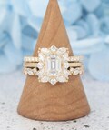 3Pcs Emerald cut Moissanite engagement ring set Vintage yellow gold ring Unique Halo ring Cluster ring Art deco Bridal set Anniversary gift