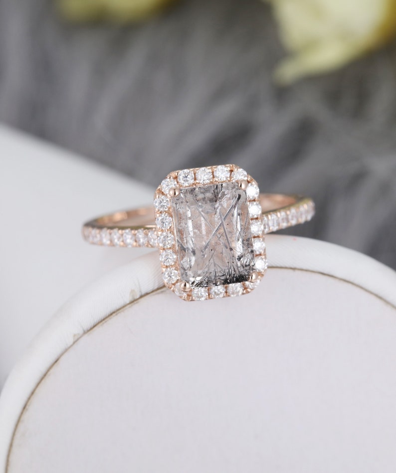 Emerald cut Black Quartz Rutilated engagement ring vintage | Etsy