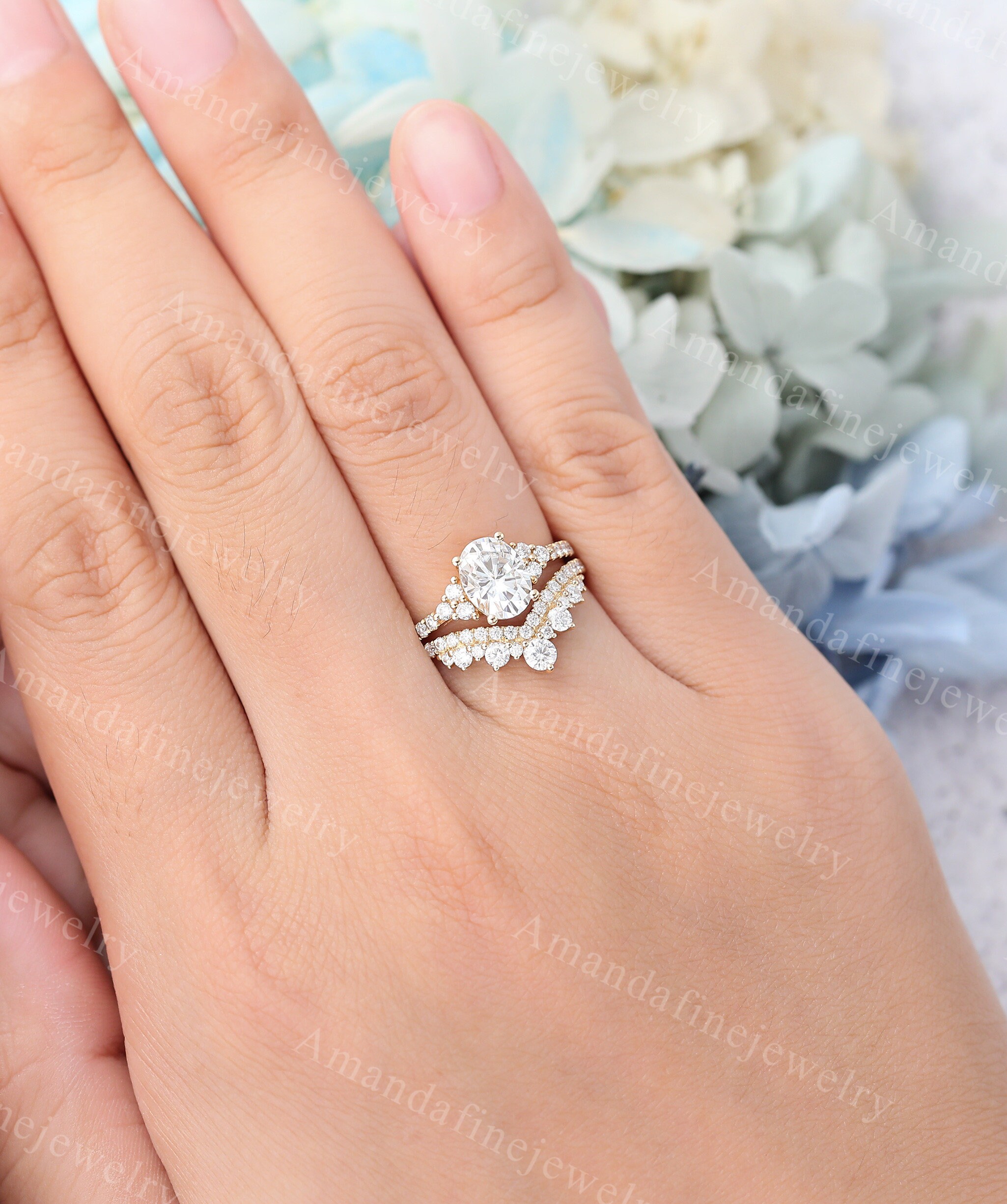 Oval Cut Moissanite Engagement Ring Set Vintage Cluster Yellow Gold ...