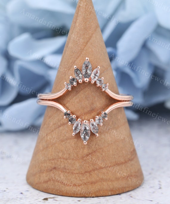 2PCS Marquise Black Rutilated Quartz Wedding Band Curved Rose Gold Wedding Band Delicate Vintage Matching Stacking Band Bridal Anniversary Etsy