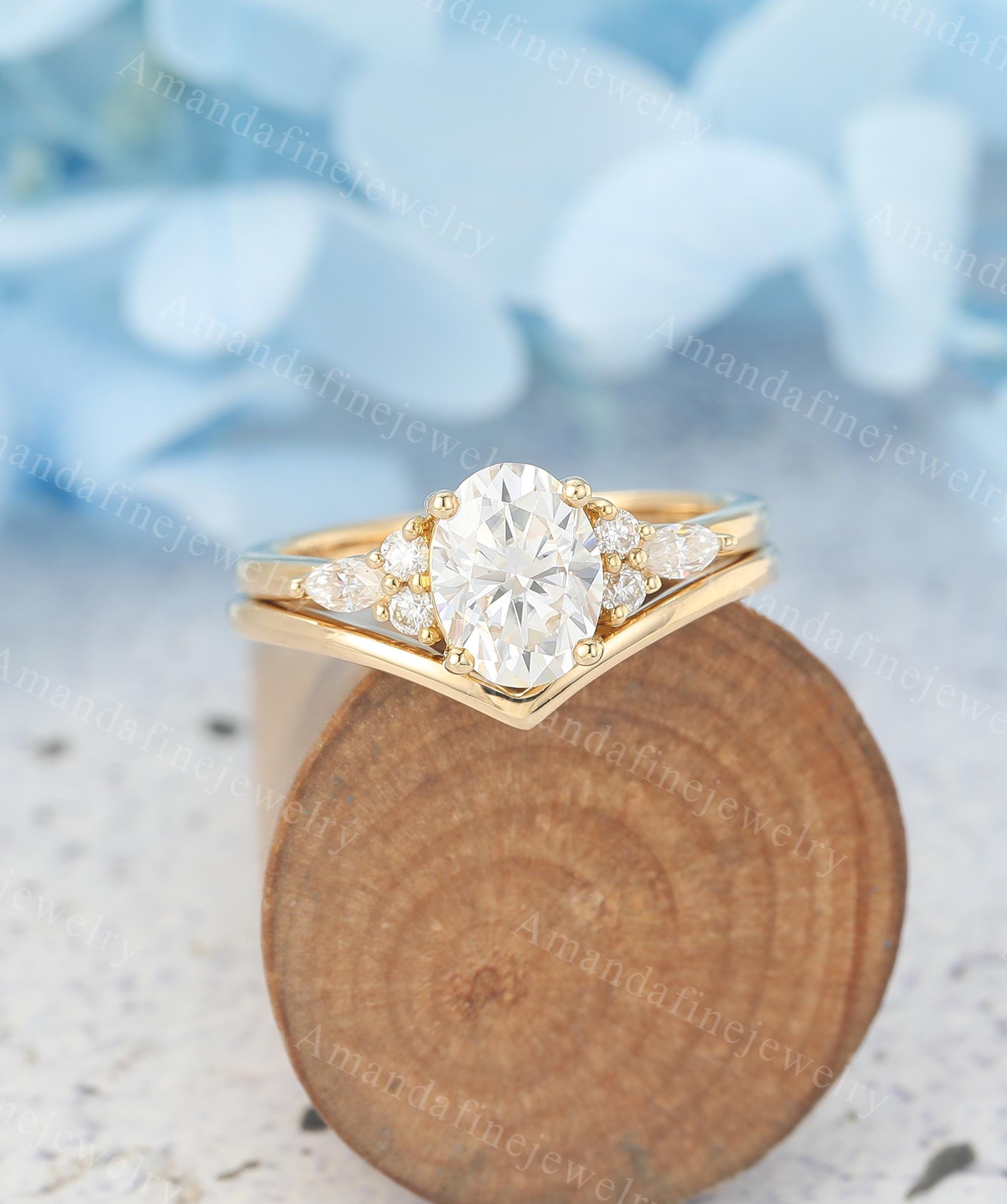 Oval Cut Moissanite Engagement Ring Set Solid Yellow Gold Ring Set ...