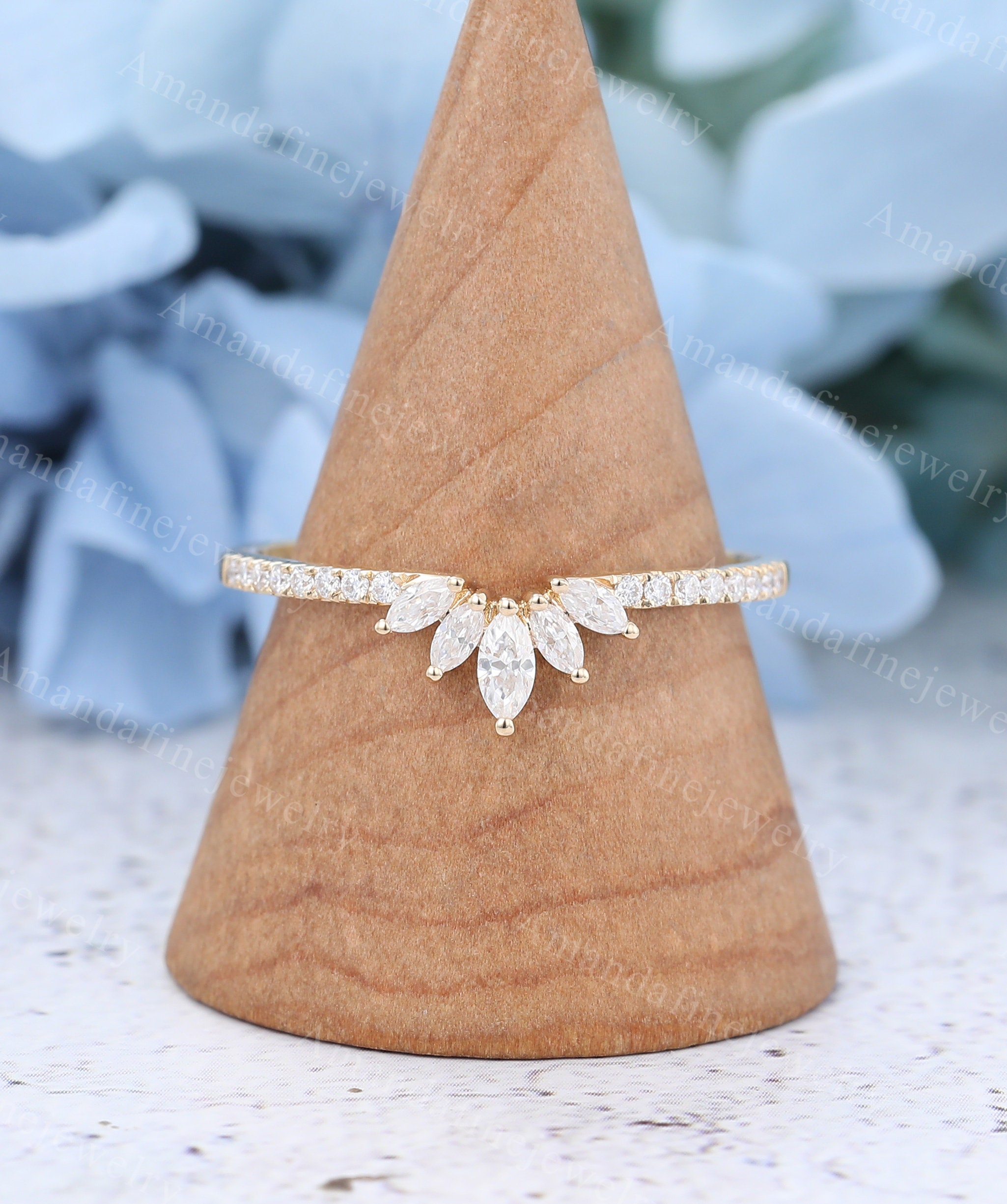 Curved wedding band Marquise moissanite wedding band vintage yellow gold diamond band Unique half eternity band Matching Stacking ring