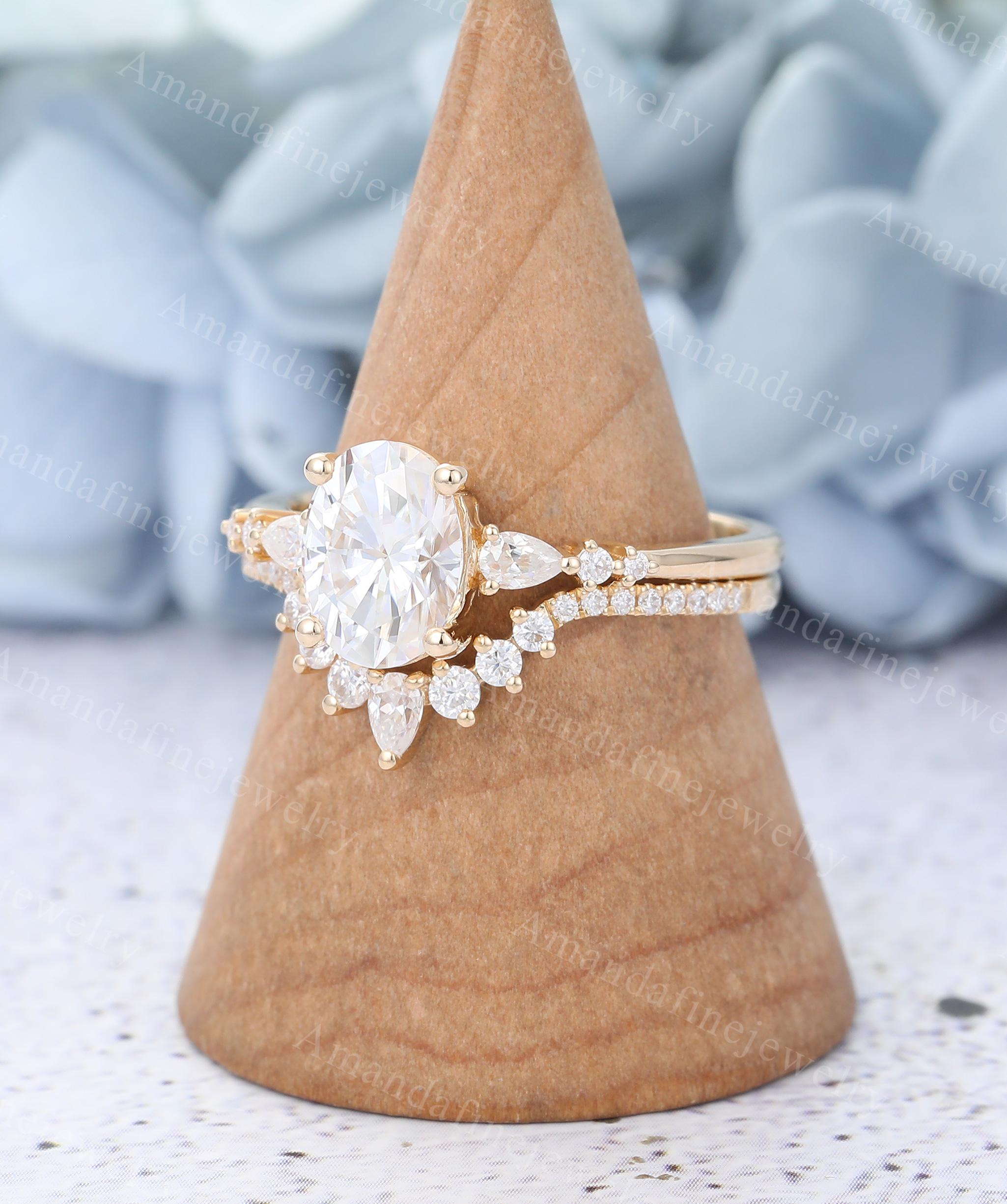 Oval Cut Moissanite Engagement Ring Set Vintage Yellow Gold Ring Set ...