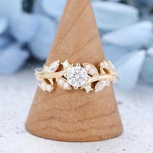 Moissanite engagement ring vintage yellow gold engagement ring Unique Marquise cut Diamond ring cluster ring Bridal Anniversary Promise ring