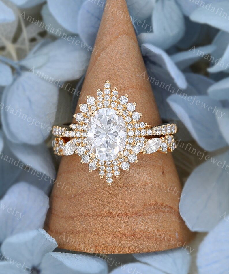 Oval Moissanite Engagement Ring Vintage Yellow Gold Halo Ring Art Deco ...
