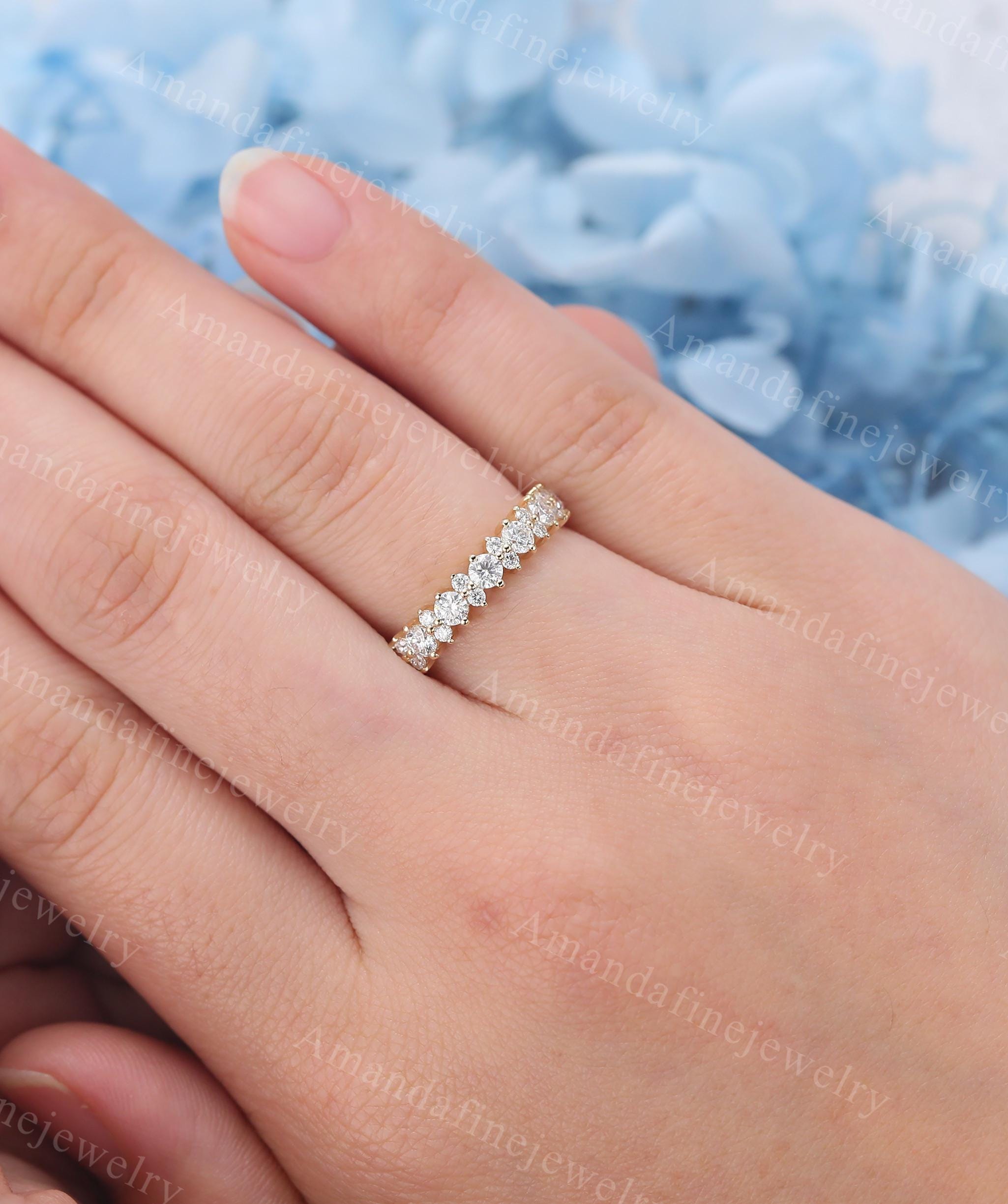 Solid Yellow Gold Wedding Band Unique Half Eternity Diamond Ring ...