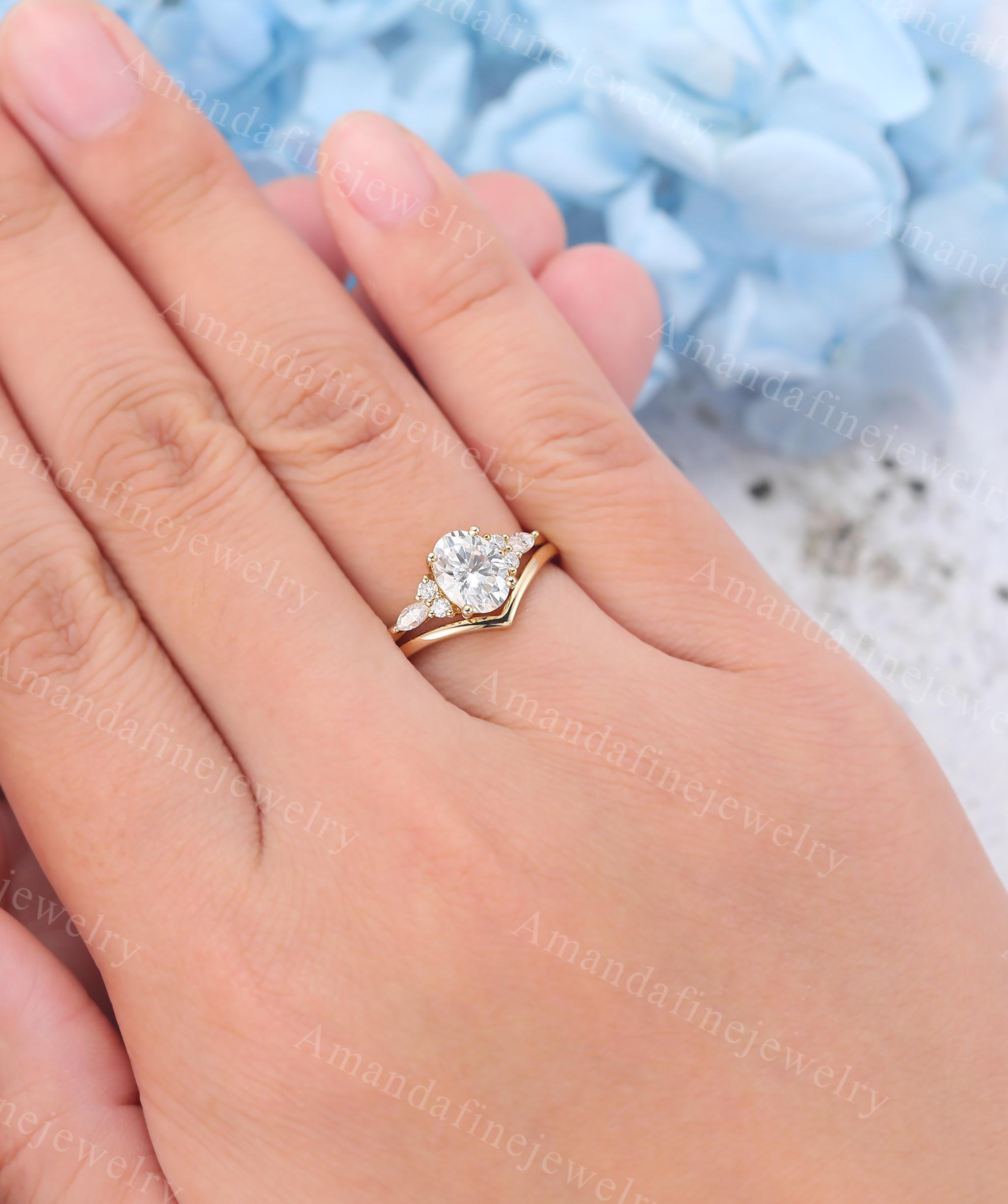 Oval Cut Moissanite Engagement Ring Set Solid Yellow Gold Ring Set ...