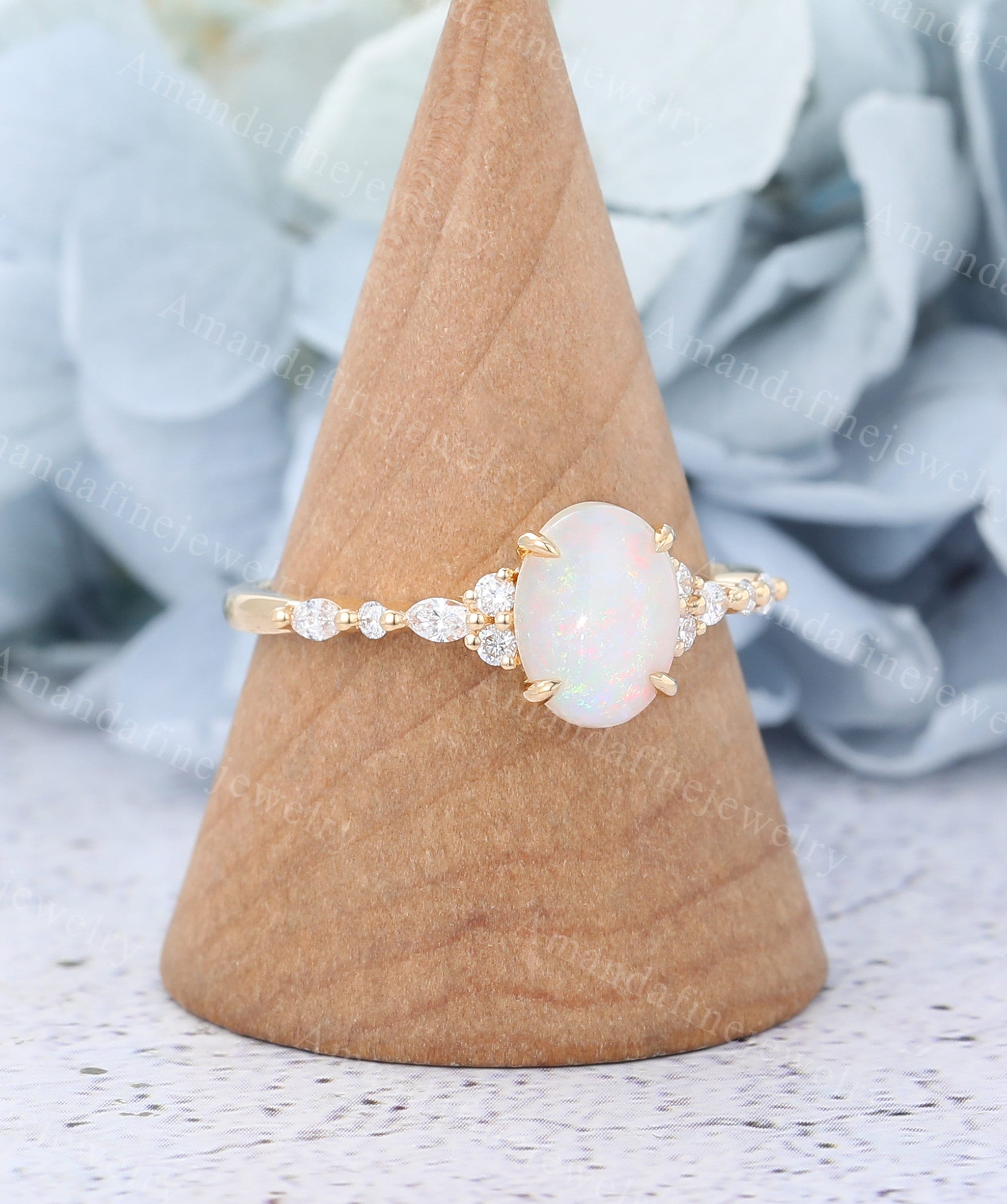 Oval Cut Opal Engagement Ring Vintage Yellow Gold Moissanite Cluster ...
