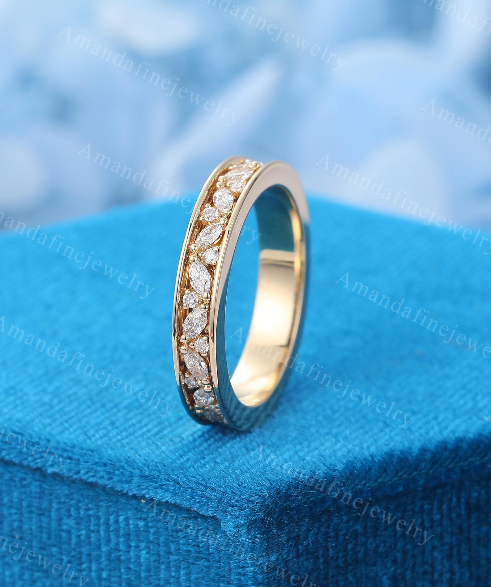 Marquise Cut Moissanite Wedding Band Vintage Yellow Gold Ring Full ...