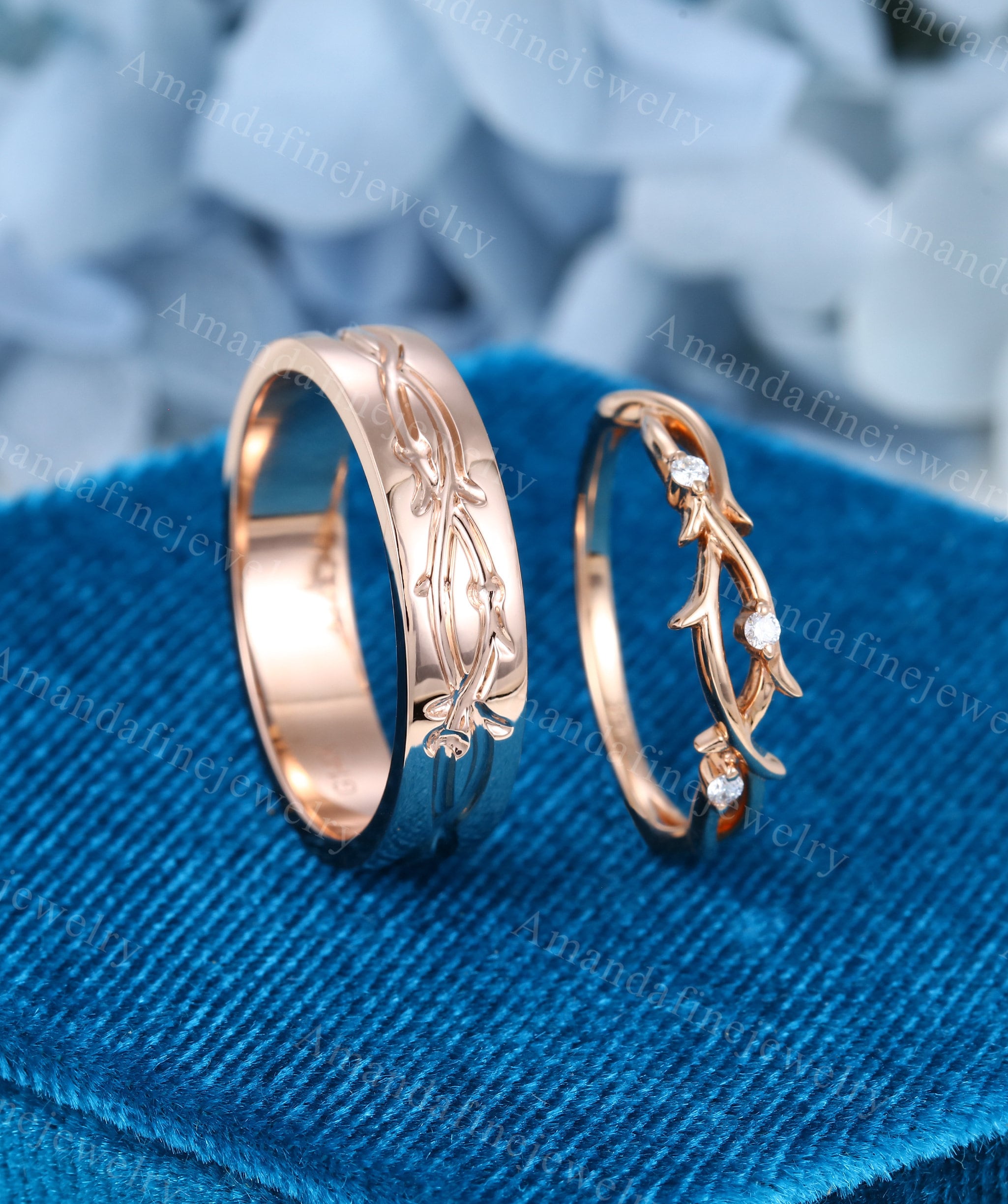 Couples Ring Set 14k Rose Gold Wedding Rings Set Twig Ring for - Etsy