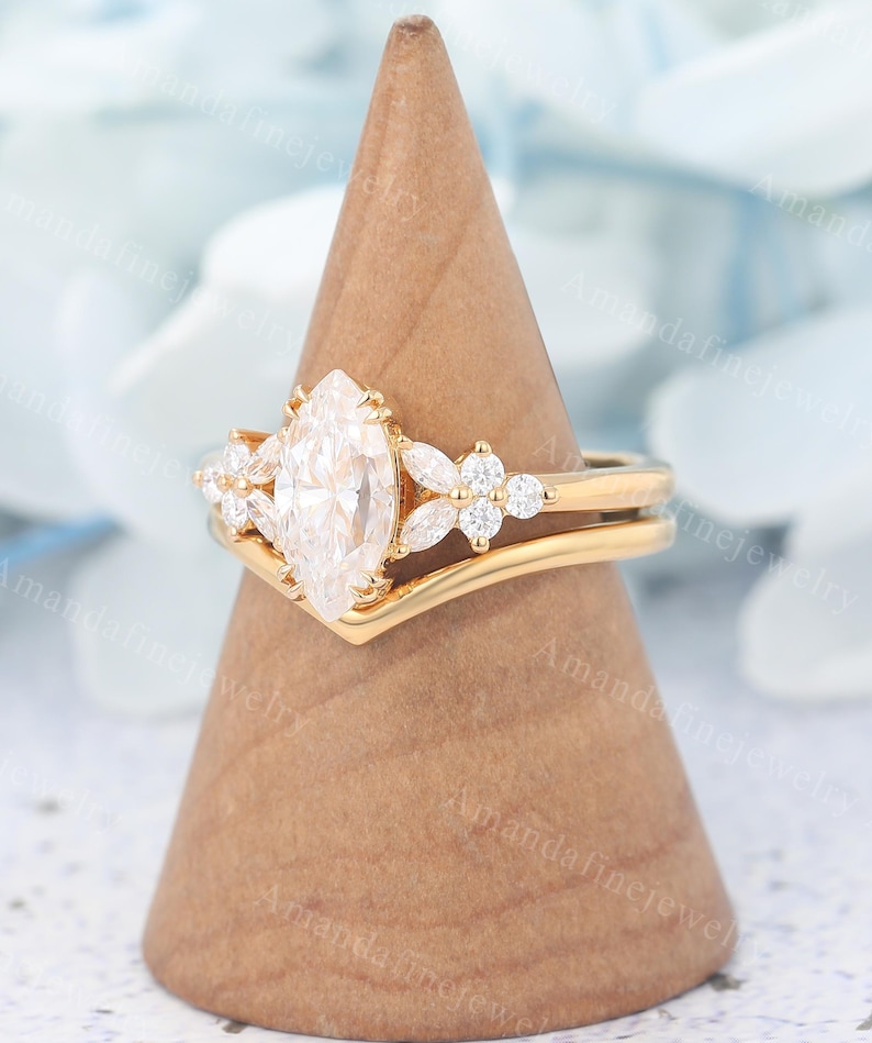 Marquise Cut Moissanite Engagement Ring Set Vintage Yellow Gold Ring ...