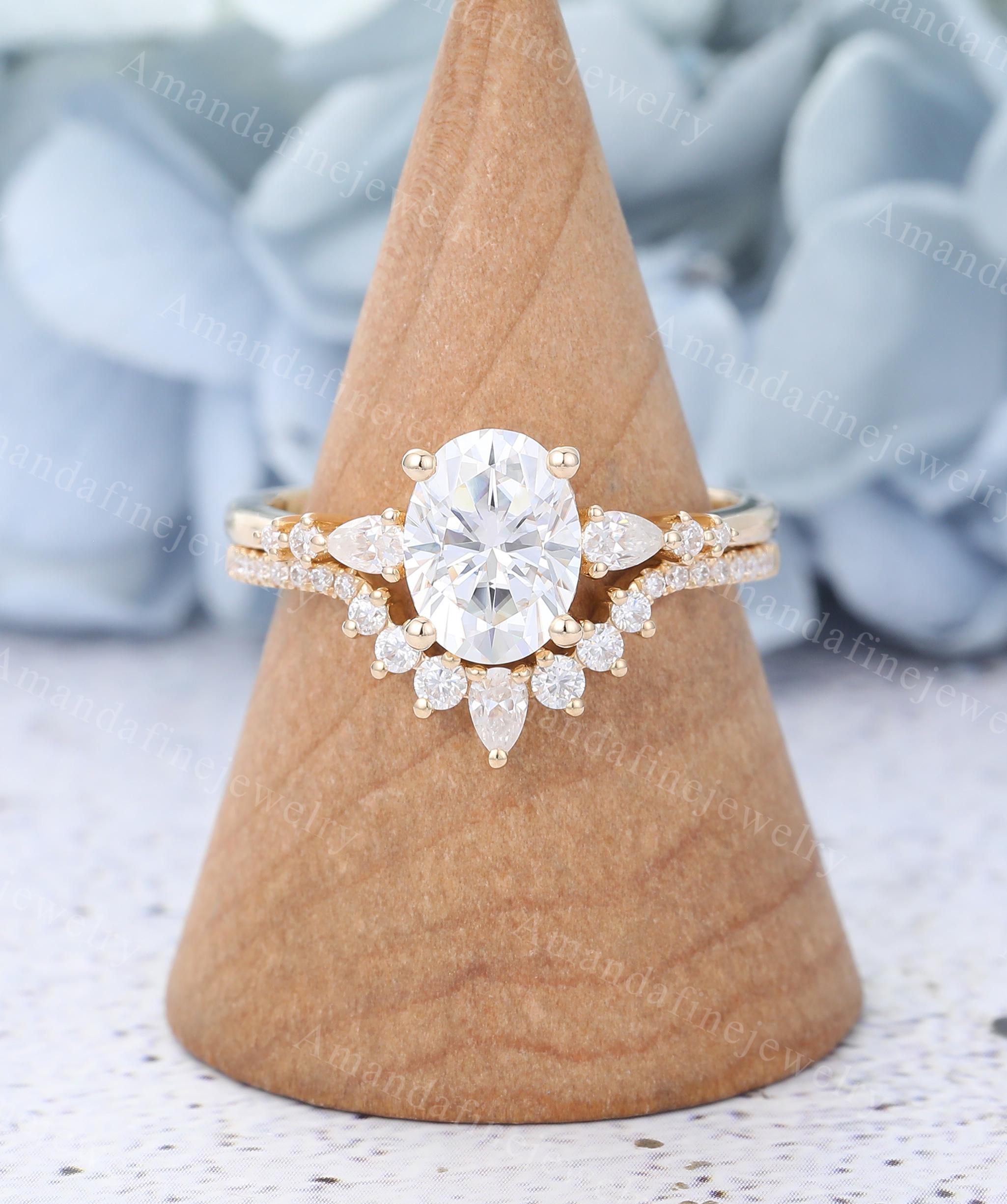 Oval Cut Moissanite Engagement Ring Set Vintage Yellow Gold Ring Set ...