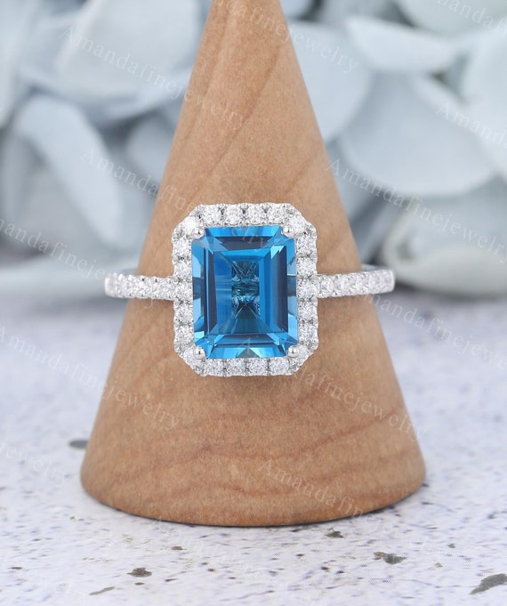 Emerald Cut Swiss Blue Topaz Engagement Ring Vintage White Gold