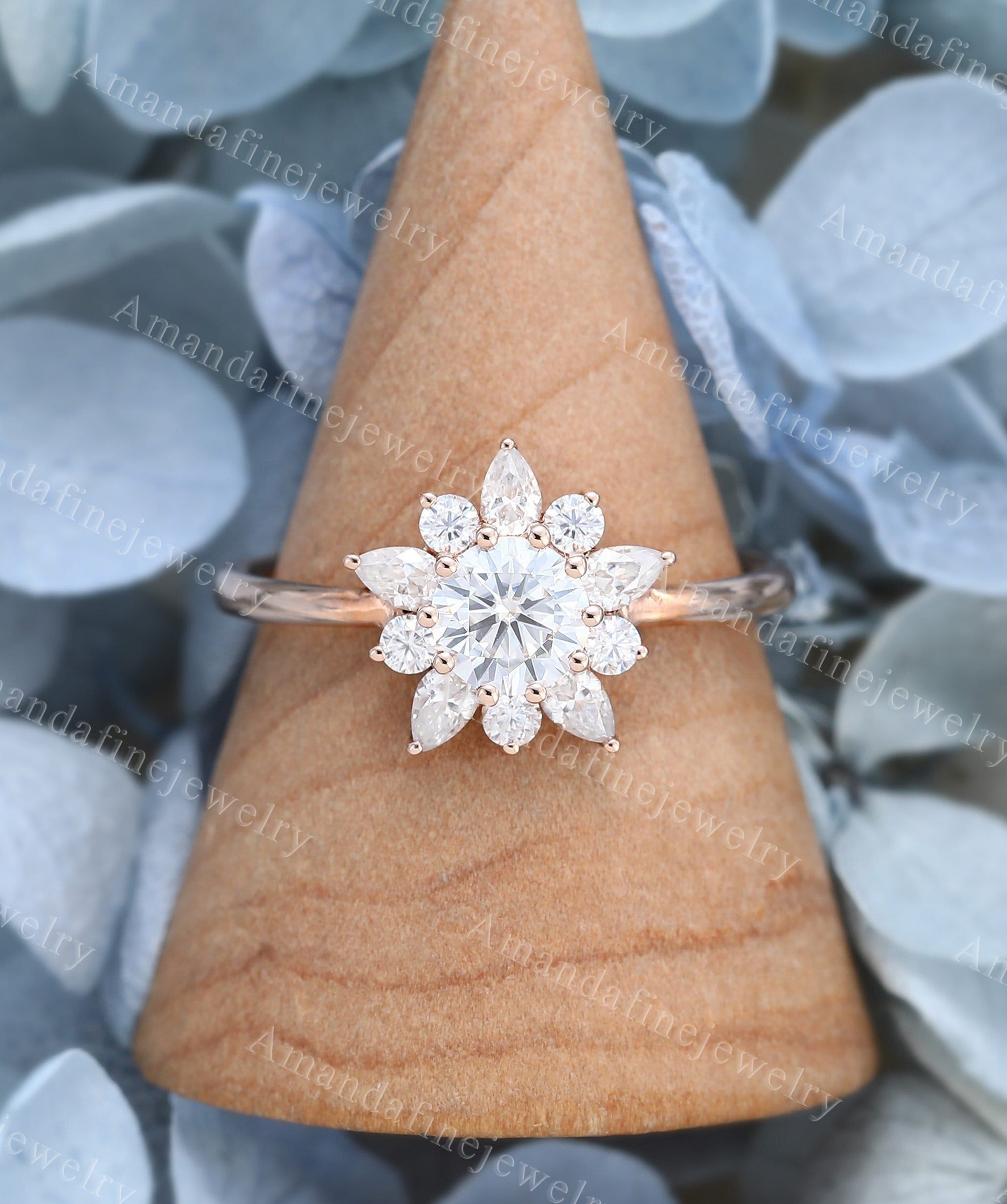 Vintage Flower Moissanite engagement ring Diamond cluster ring rose gold engagement ring Unique Pear shaped Bridal Promise Anniversary ring