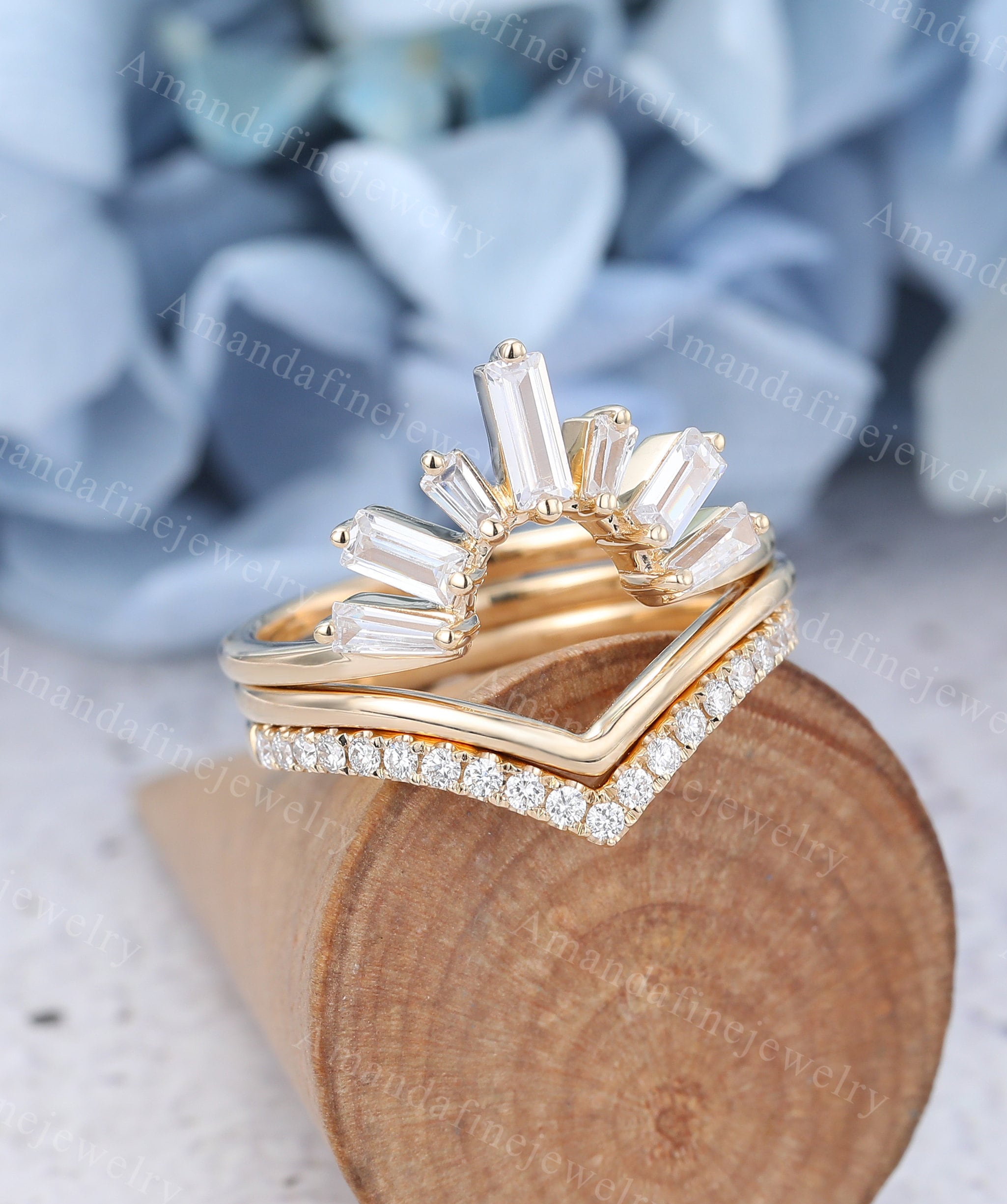 3pcs Curved Wedding Band Vintage Yellow Gold Moissanite Wedding Ring ...