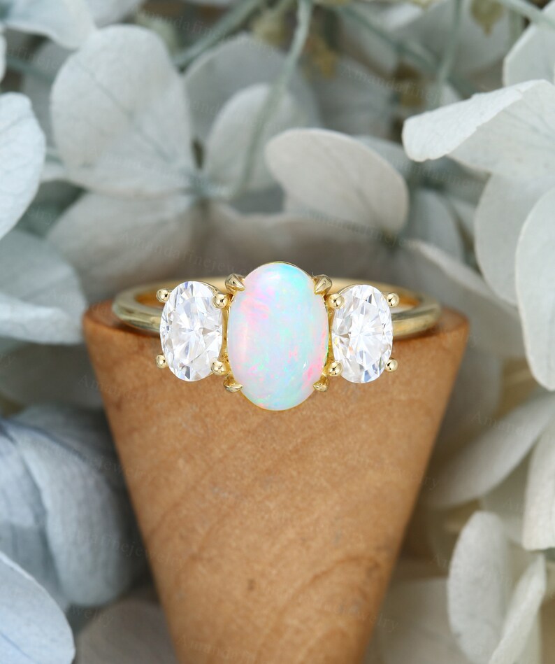 Oval Cut Opal Engagement Ring Vintage Solid 14K Yellow Gold Ring Unique ...