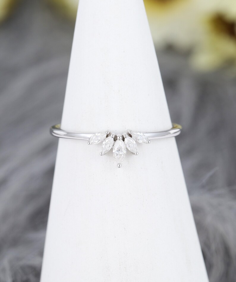 Curved wedding band white gold Marquise cut Diamond wedding band simple Vintage Unique Moissanite Matching Stacking Bridal Anniversary band