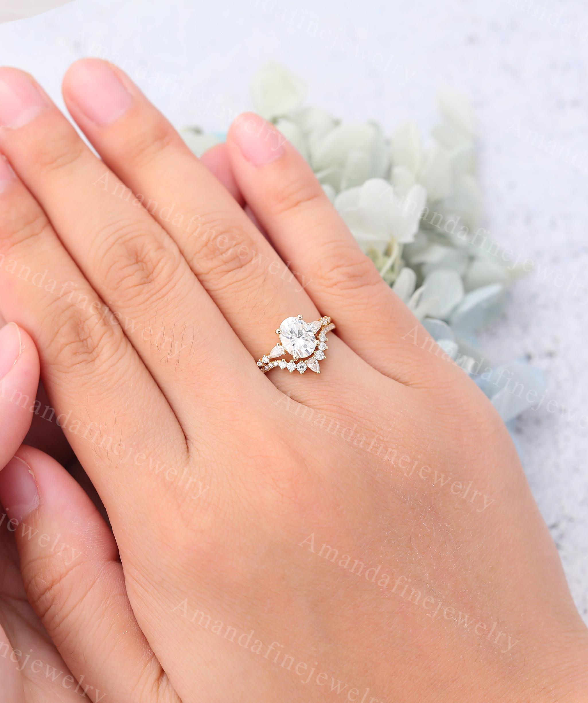 Oval Cut Moissanite Engagement Ring Set Vintage Yellow Gold Ring Set ...