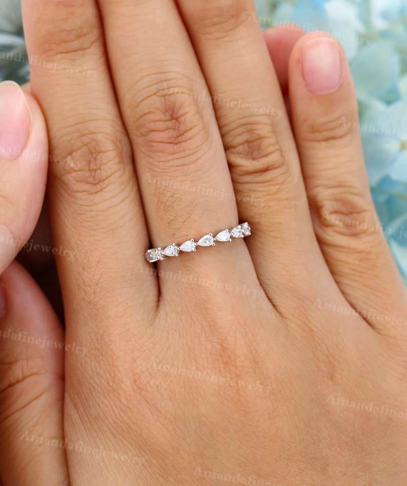 14k White Gold Wedding Band Unique Half Eternity Pear Shaped Etsy