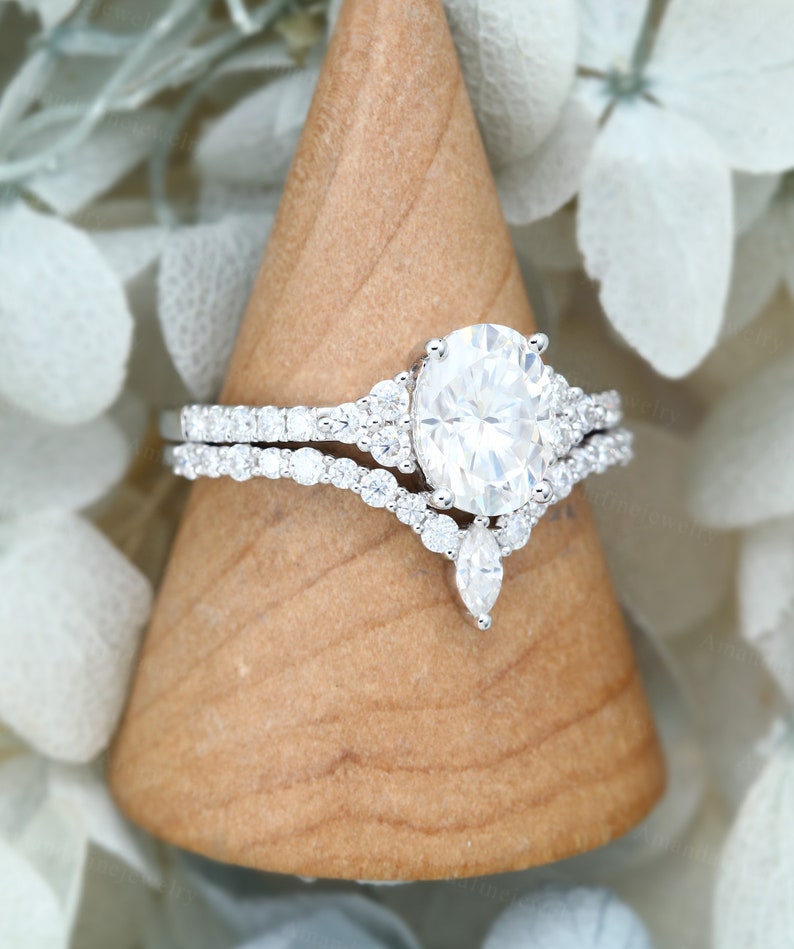 Oval Cut Moissanite Engagement Ring Set Vintage White Gold Unique ...