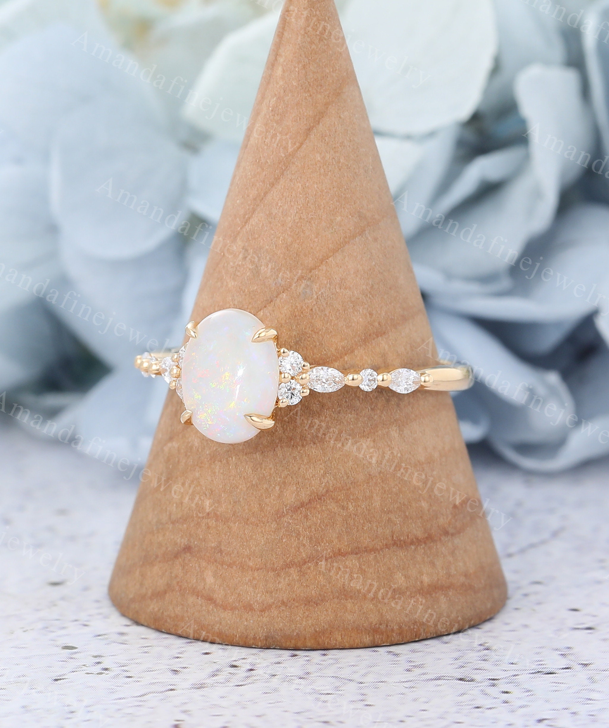Oval Cut Opal Engagement Ring Vintage Yellow Gold Moissanite Cluster ...
