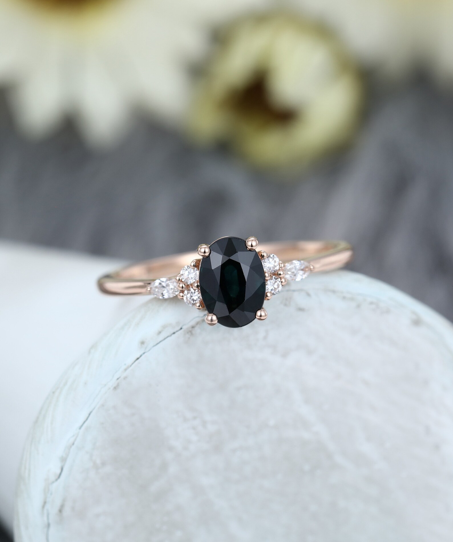 Black Sapphire Engagement Ring Simple Vintage Rose Gold - Etsy