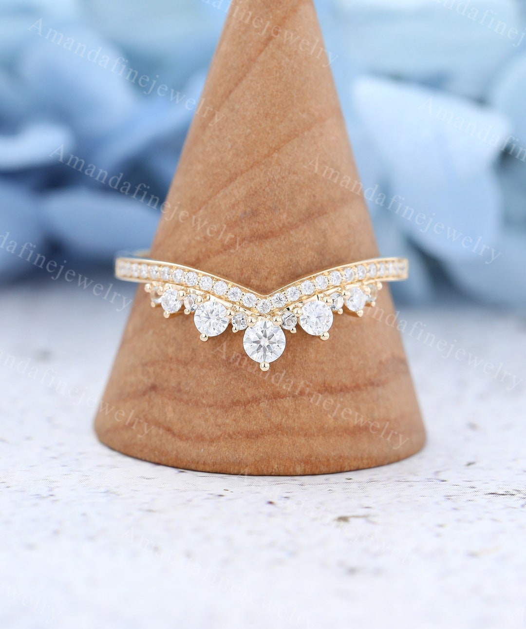 Curved Moissanite Wedding Band Vintage Solid Yellow Gold Ring Unique ...