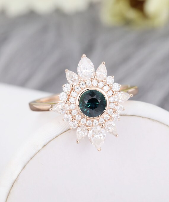 Green Blue Sapphire Engagement Ring Vintage Rose Gold Unique | Etsy