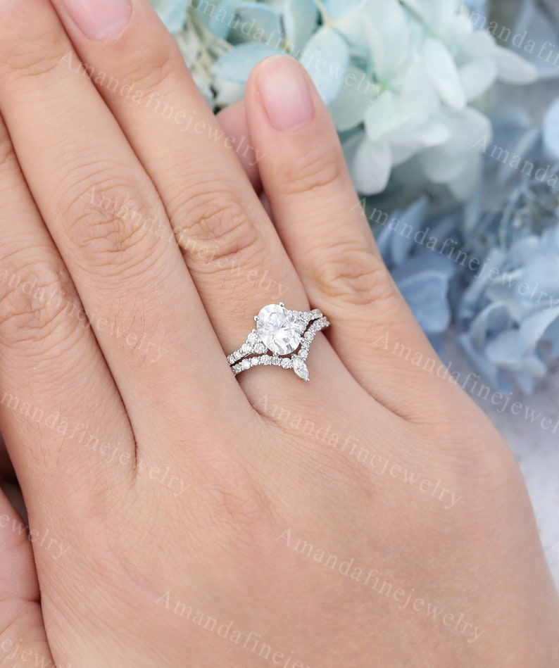 Oval Cut Moissanite Engagement Ring Set Vintage White Gold - Etsy