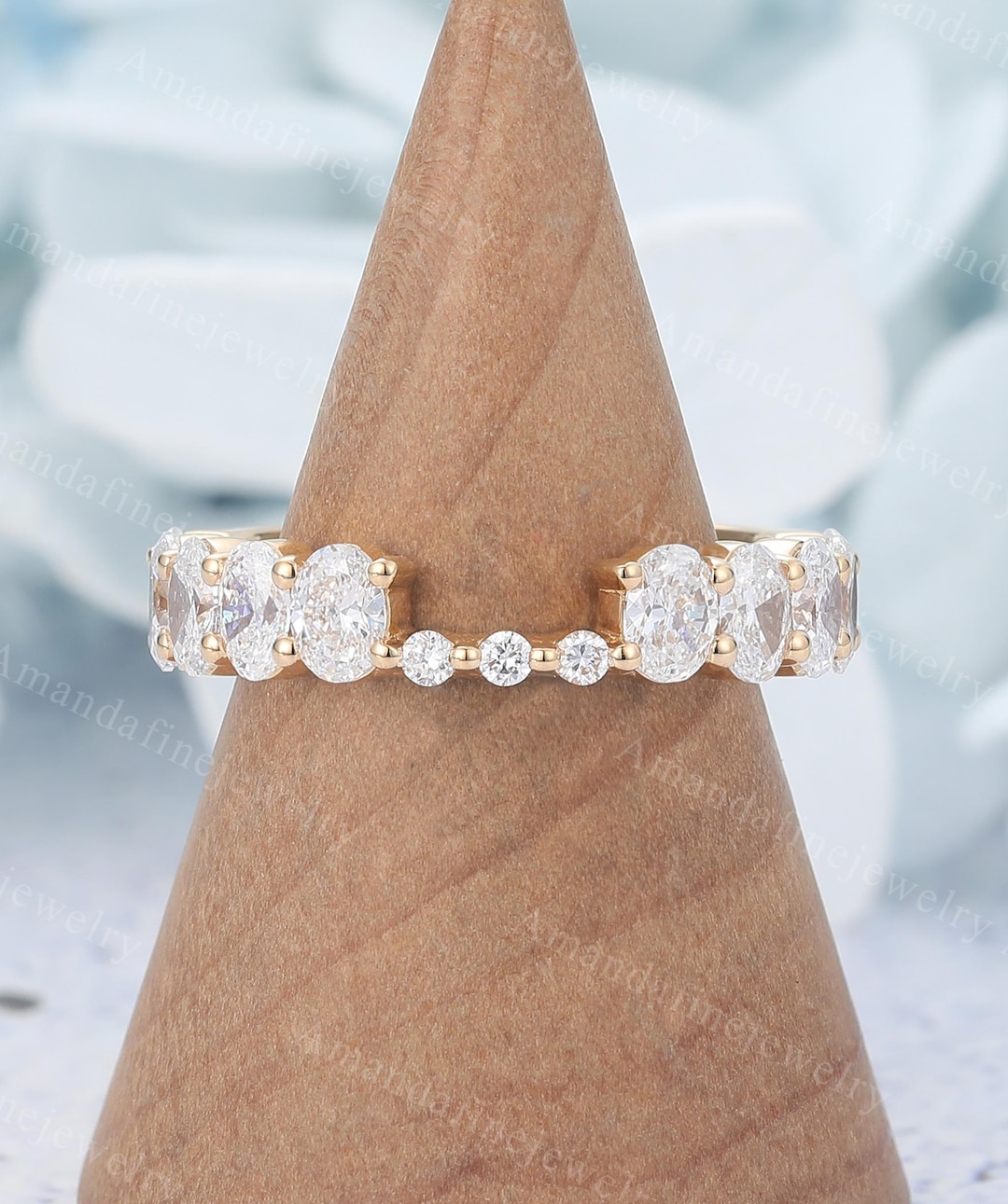 Oval Cut Moissanite Notched Wedding Band Vintage Yellow Gold Ring Half ...