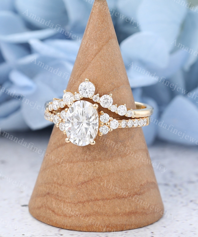 Oval Cut Moissanite Engagement Ring Set Vintage Yellow Gold Ring Set ...
