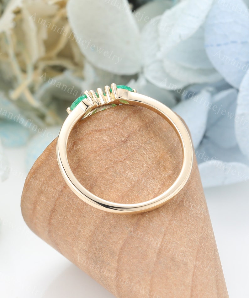 Marquise Emerald Curved Wedding Band Ring 14K Yellow Gold Wedding Band ...