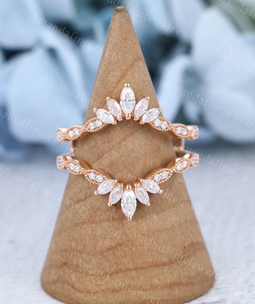 Ring Enhancer Wedding Band Double Curved Rose Gold Moissanite Wedding Band Vintage Matching