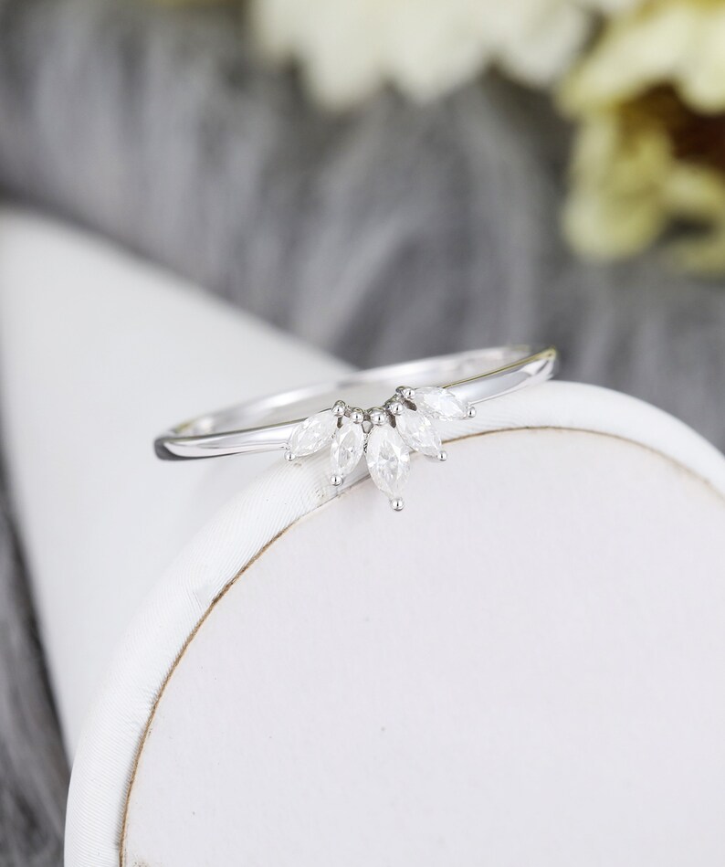 Curved wedding band white gold Marquise cut Diamond wedding band simple Vintage Unique Moissanite Matching Stacking Bridal Anniversary band