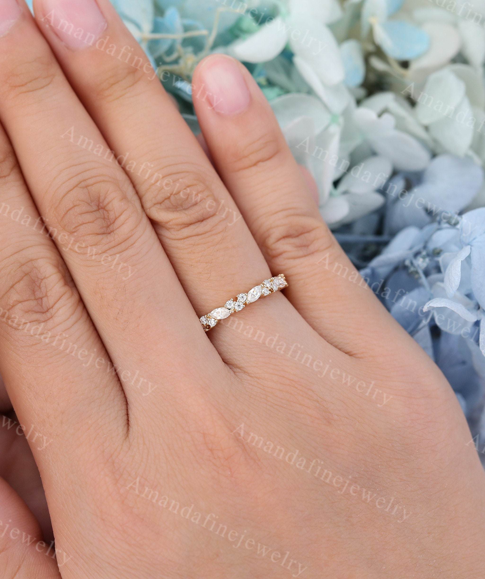 Unique Yellow Gold Wedding Band Women Marquise Cut Moissanite Wedding ...