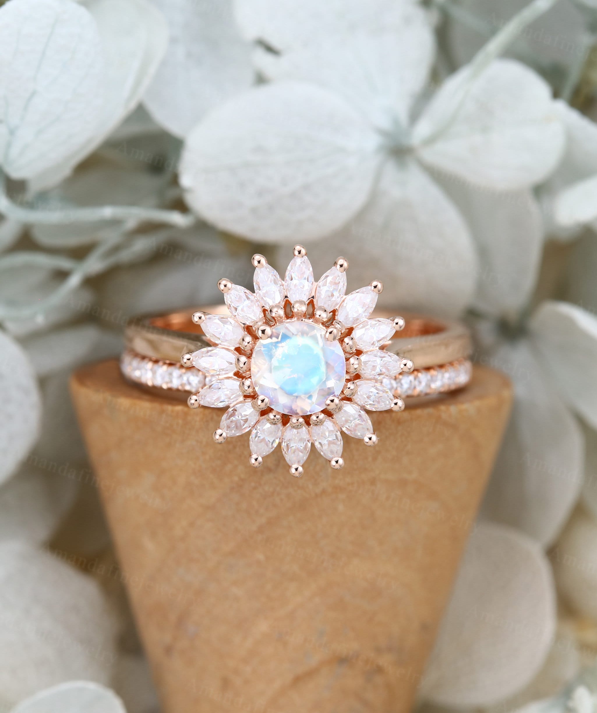 2pcs Moonstone engagement ring set vintage Unique Halo | Etsy