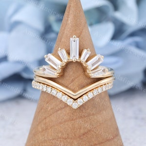 3Pcs Curved wedding band Vintage Yellow gold Moissanite wedding ring set Curved ring baguette CZ Matching Stacking Bridal Promise ring set