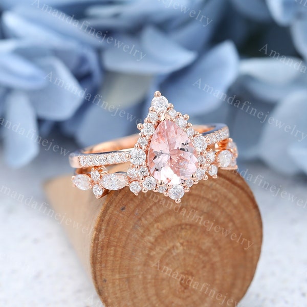 Pear shaped Morganite engagement ring set rose gold vintage Moissanite cluster ring Unique Marquise cut wedding ring Bridal Anniversary ring