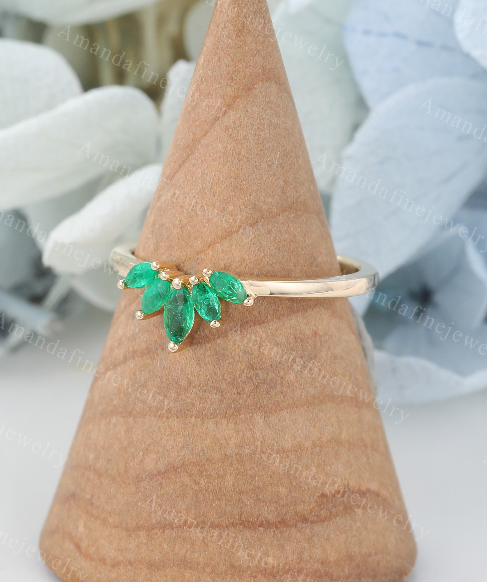 Marquise Emerald Curved Wedding Band Ring 14K Yellow Gold Wedding Band ...